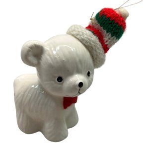 Polar Bear in Snow Cap Christmas Tree Ornament Vintage Ceramic 3 Inch